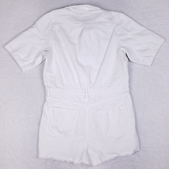 American Eagle Denim Romper XL White Short Sleeve Button Front Frayed Hem - Picture 5 of 8
